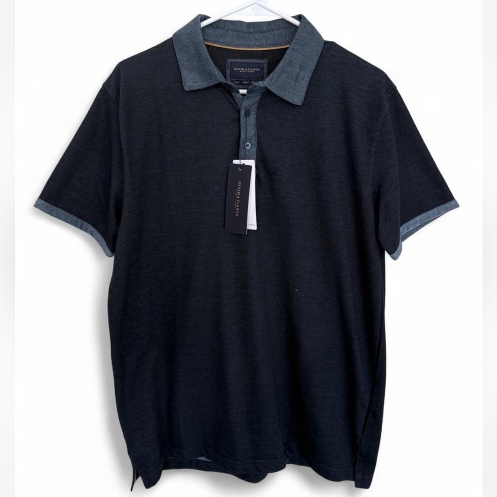 NWT Men's Denim & Flower Navy Button Front Short Sleeve Polo Large Preppy Modern